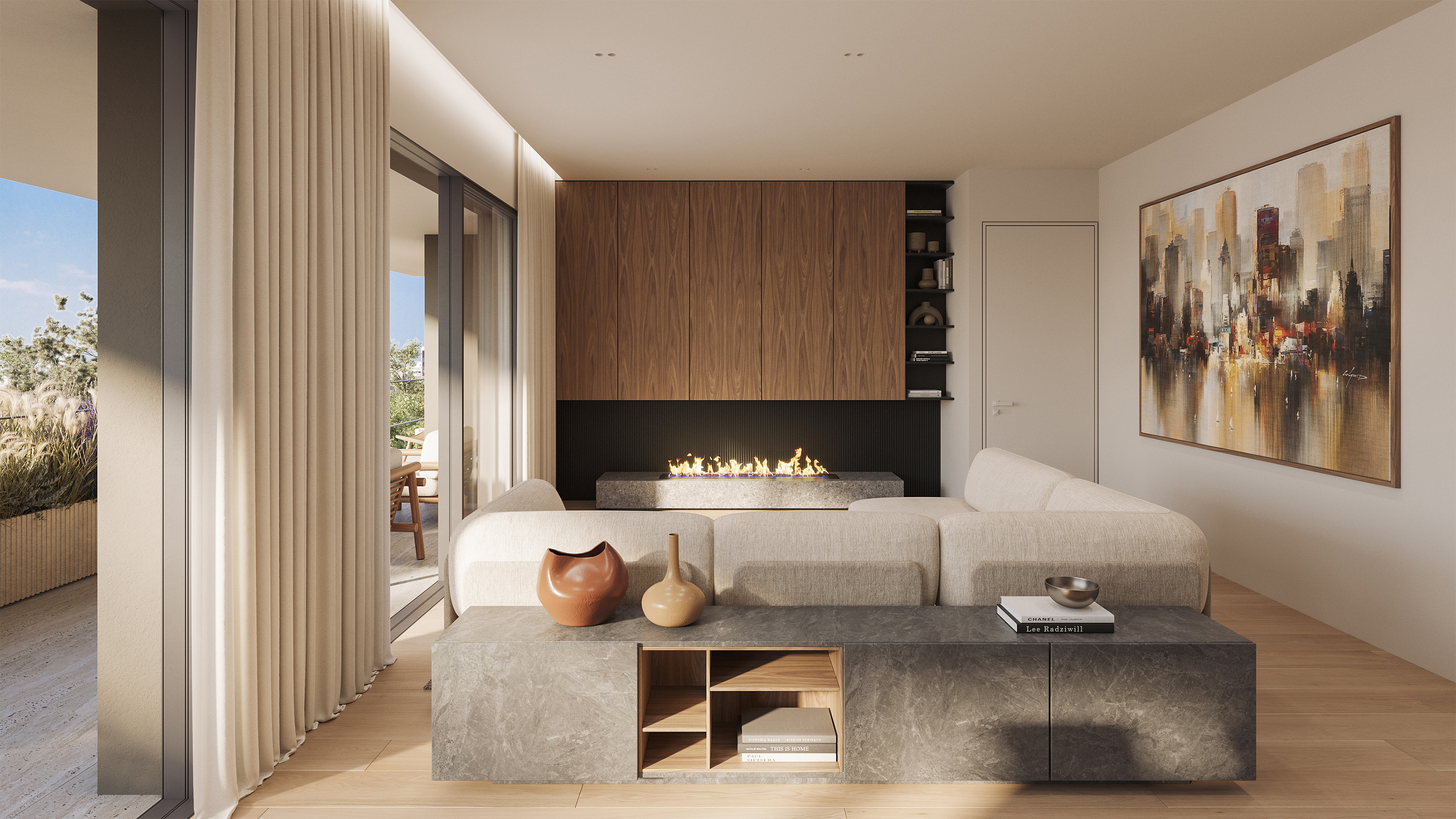 APK Architects-Minimal living room with warm materials and natural light.