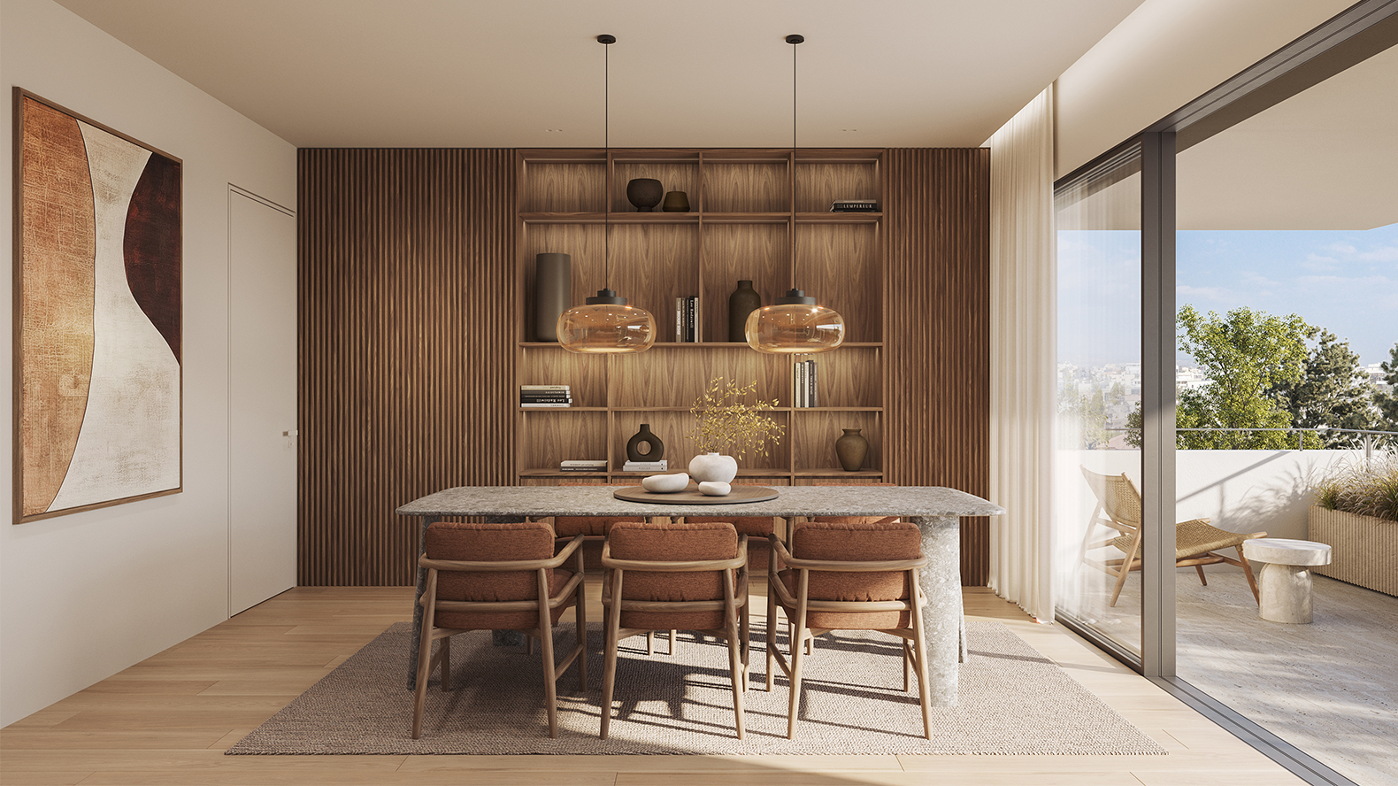 APK Architects-Interior view of the open plan dining area with custom furniture details.