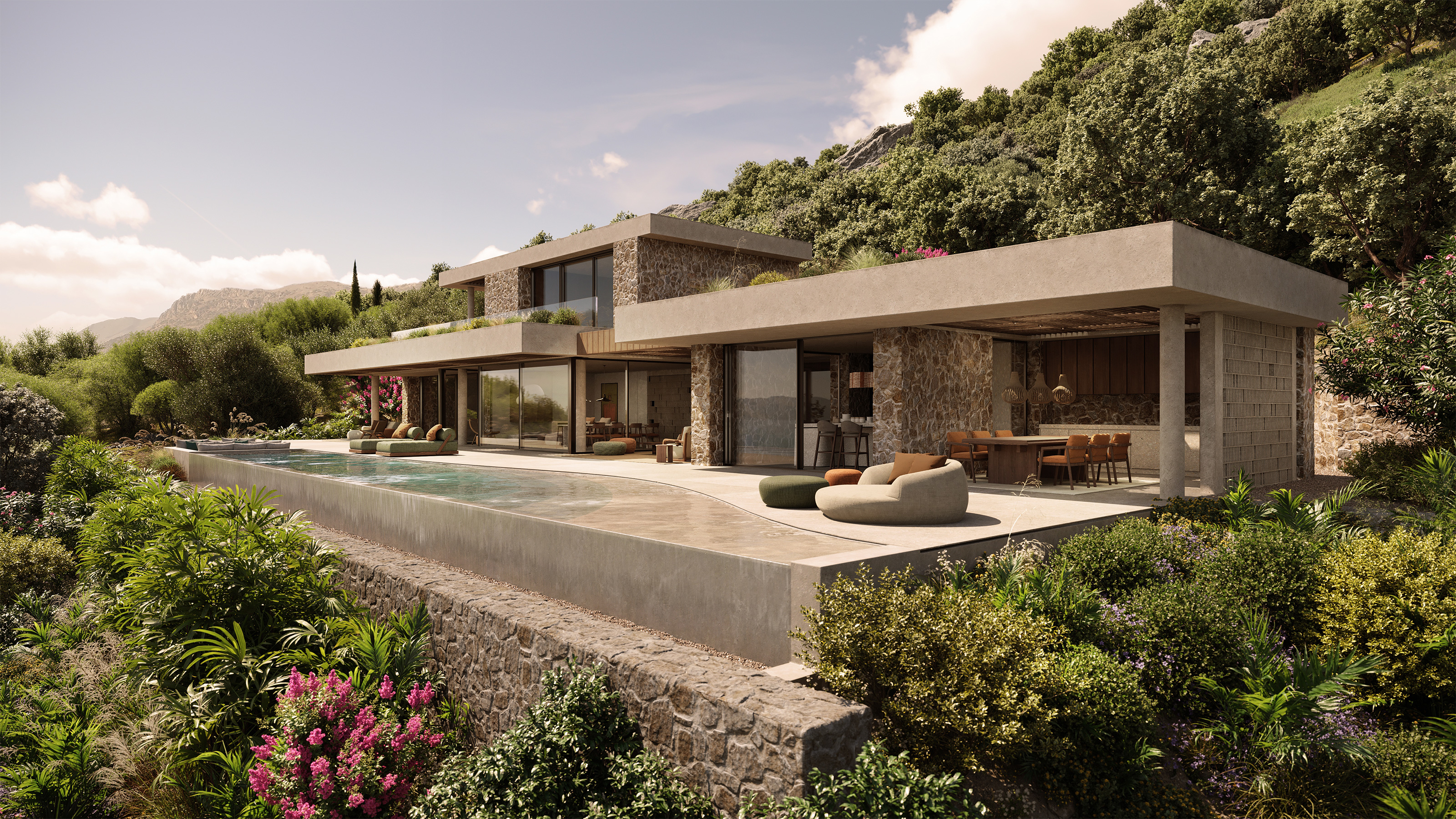 APK Architects-Perspective view of the main villa overlooking the coast.