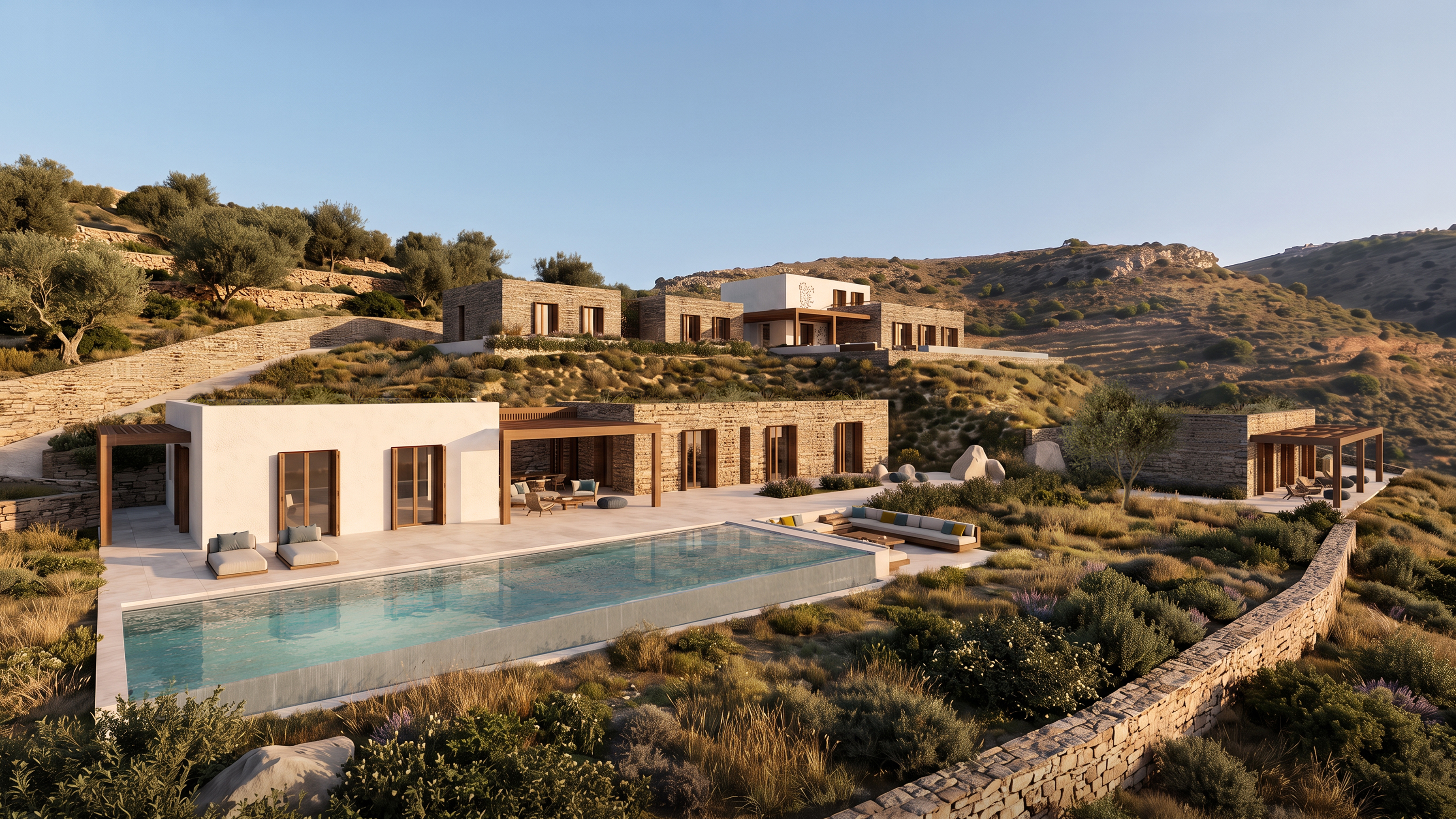 APK Architects-Perspective view of the Bay House in Sifnos.