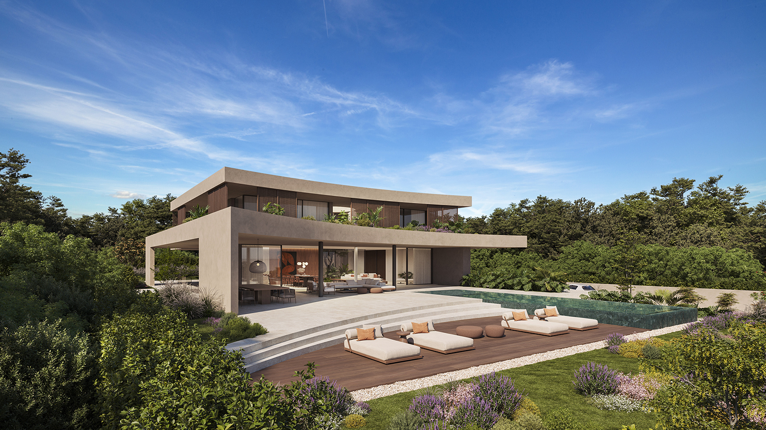 APK Architects-Perspective view of the villa overlooking the outdoor lounge and the pool area.