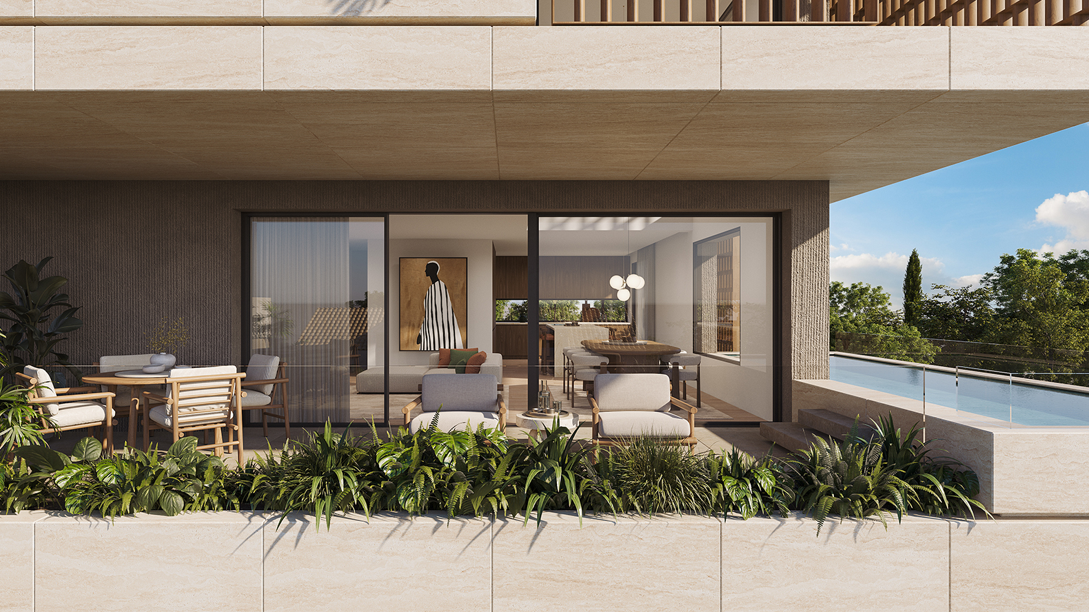 APK Architects-Close up to the balcony showing the pool on the right and a glimpse of the interior space.