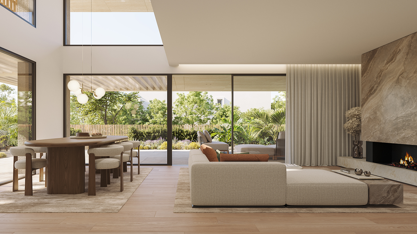 APK Architects-Minimal living room with warm materials and natural light.