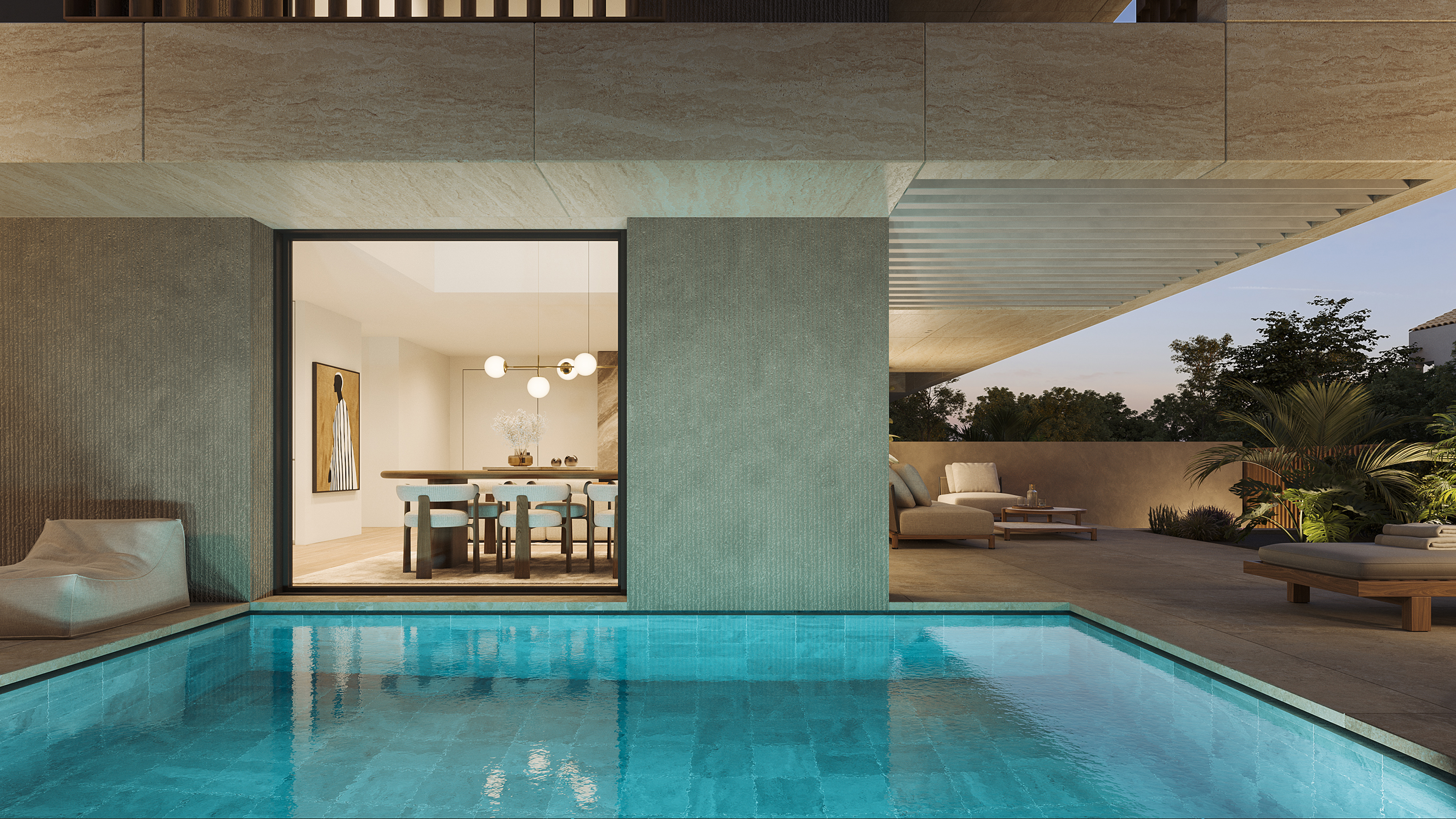 APK Architects-Night view close up to the private pool of the ground floor apartment.